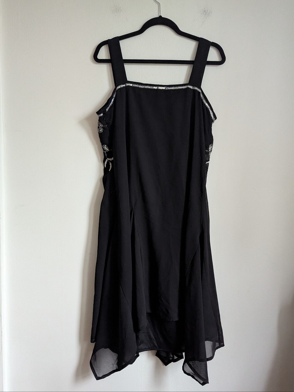 Vintage 00s Does 20s Square Neck Beaded Sequin Asymmetrical Midi Shift Dress - Picture 3 of 7